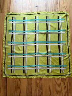 Echo Lime Green with Brown, White and Blue Graphic Design Silk Scarf